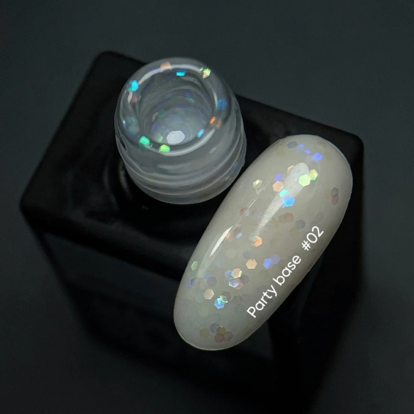 NAILSOFTHENIGHT Party base 02 – milk base with holographic hexagons, 10 ml