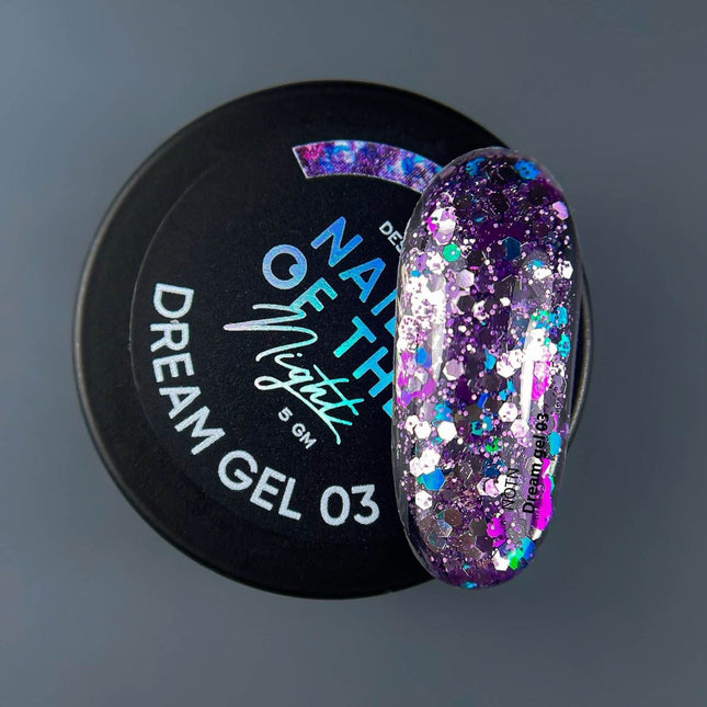 NAILSOFTHENIGHT Dream gel 03 — design gel with incredible hexagons of different sizes and nail glitter, 5 gm