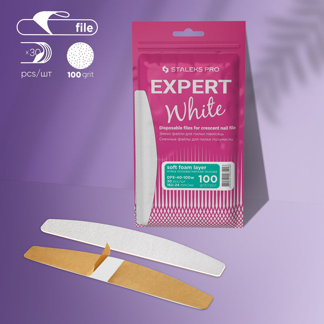 White disposable files for crescent nail file (soft base) Staleks Pro Expert 40, 100 grit (30 pcs)-DFE-40-100w