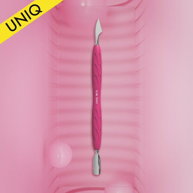 Manicure pusher with silicone handle “Gummy” UNIQ 10 TYPE 3 (narrow rounded pusher + hatchet)