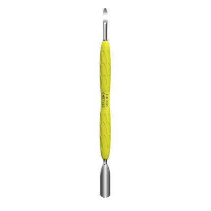Manicure pusher with yellow silicone handle “Gummy” UNIQ 10 TYPE 6 (rounded wide pusher and nail cleaner)