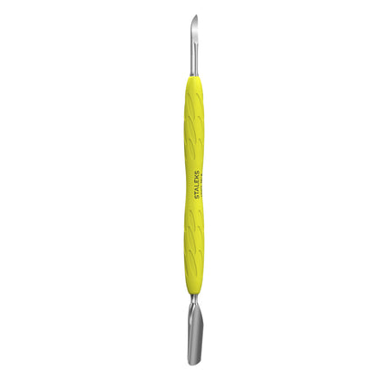 Manicure pusher with yellow silicone handle “Gummy” UNIQ 10 TYPE 6 (rounded wide pusher and nail cleaner)