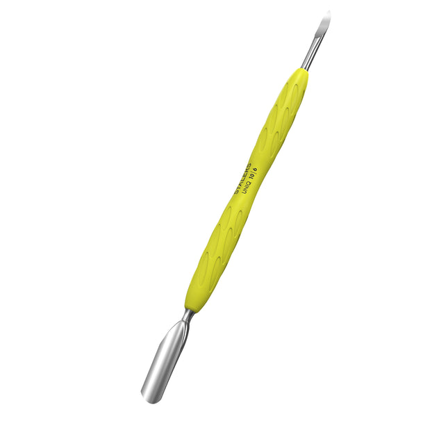 Manicure pusher with yellow silicone handle “Gummy” UNIQ 10 TYPE 6 (rounded wide pusher and nail cleaner)