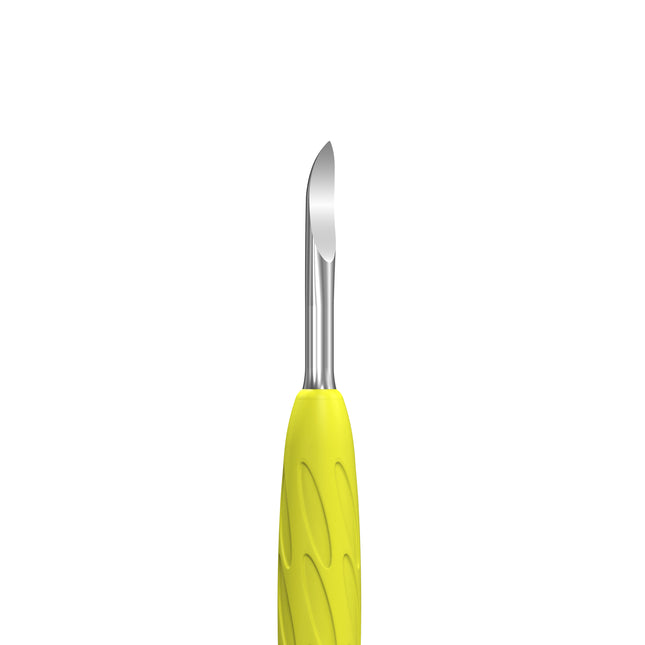 Manicure pusher with yellow silicone handle “Gummy” UNIQ 10 TYPE 6 (rounded wide pusher and nail cleaner)