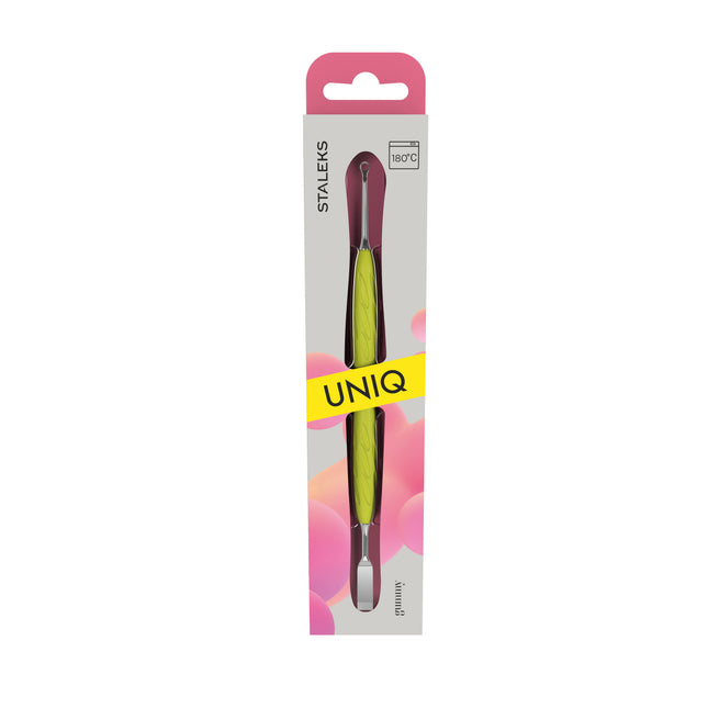 Manicure pusher with yellow silicone handle “Gummy” UNIQ 11 TYPE 1 (flat straight pusher + ring)