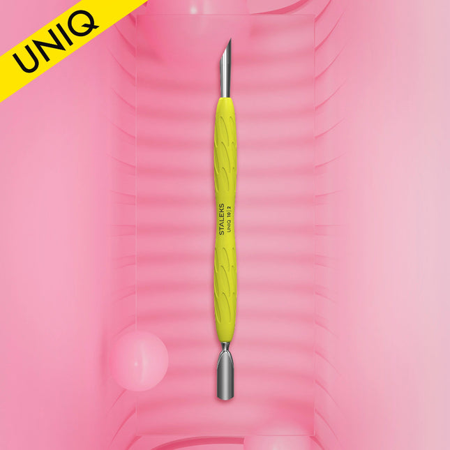 Manicure pusher with silicone handle “Gummy” UNIQ 10 TYPE 2 (narrow rounded pusher + slanted pusher)