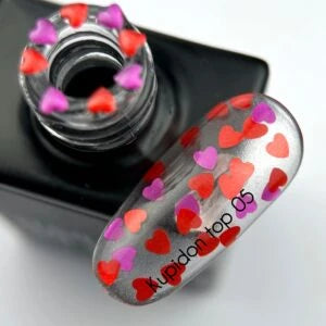 NAILSOFTHEDAY Kupidon top 05 — glossy top without a sticky layer with red and raspberry hearts, 10 ml