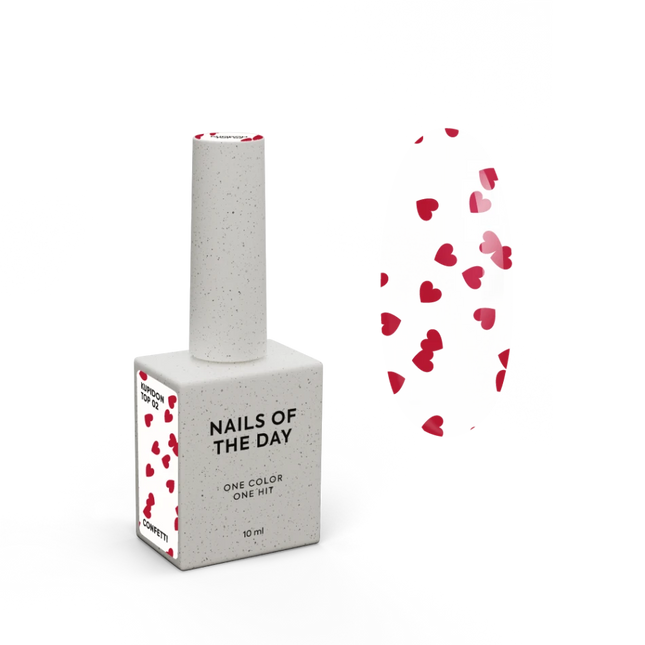 NAILSOFTHEDAY Kupidon top 02 — glossy top without a sticky layer with red hearts, 10 ml