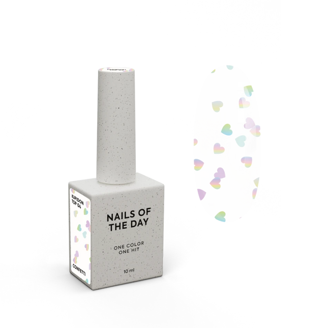 NAILSOFTHEDAY Kupidon top 04 — glossy top without a sticky layer with holographic hearts, 10 ml
