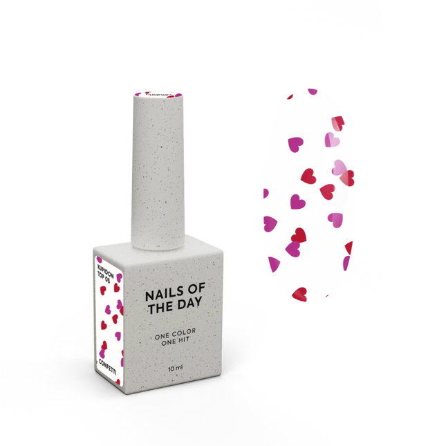 NAILSOFTHEDAY Kupidon top 05 — glossy top without a sticky layer with red and raspberry hearts, 10 ml